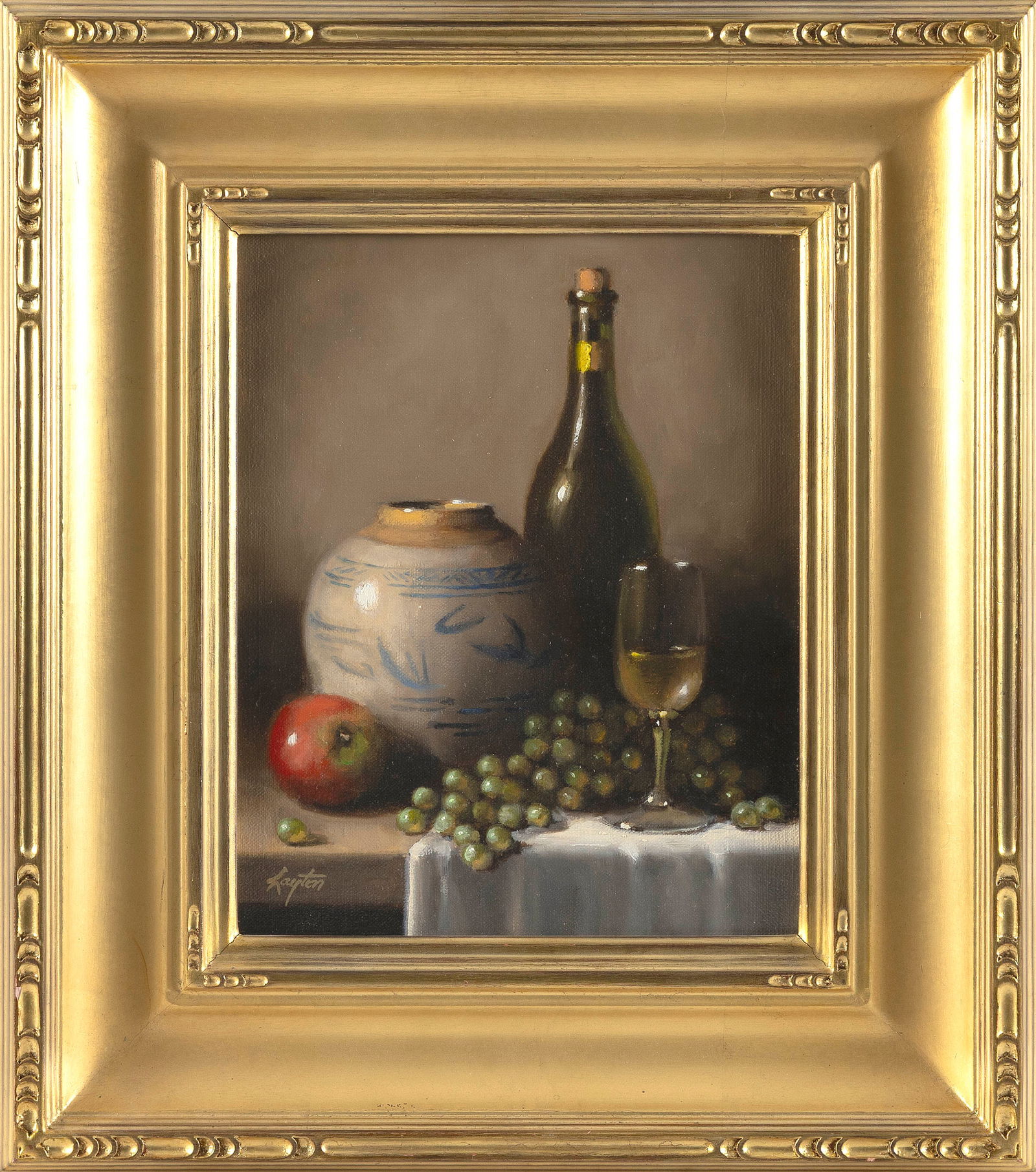 SHELLEY THAYER LAYTON (Massachusetts, 1953-), "Fruit and Wine"., Oil on canvas, 8" x 10". Framed 16" (1 of 1)
