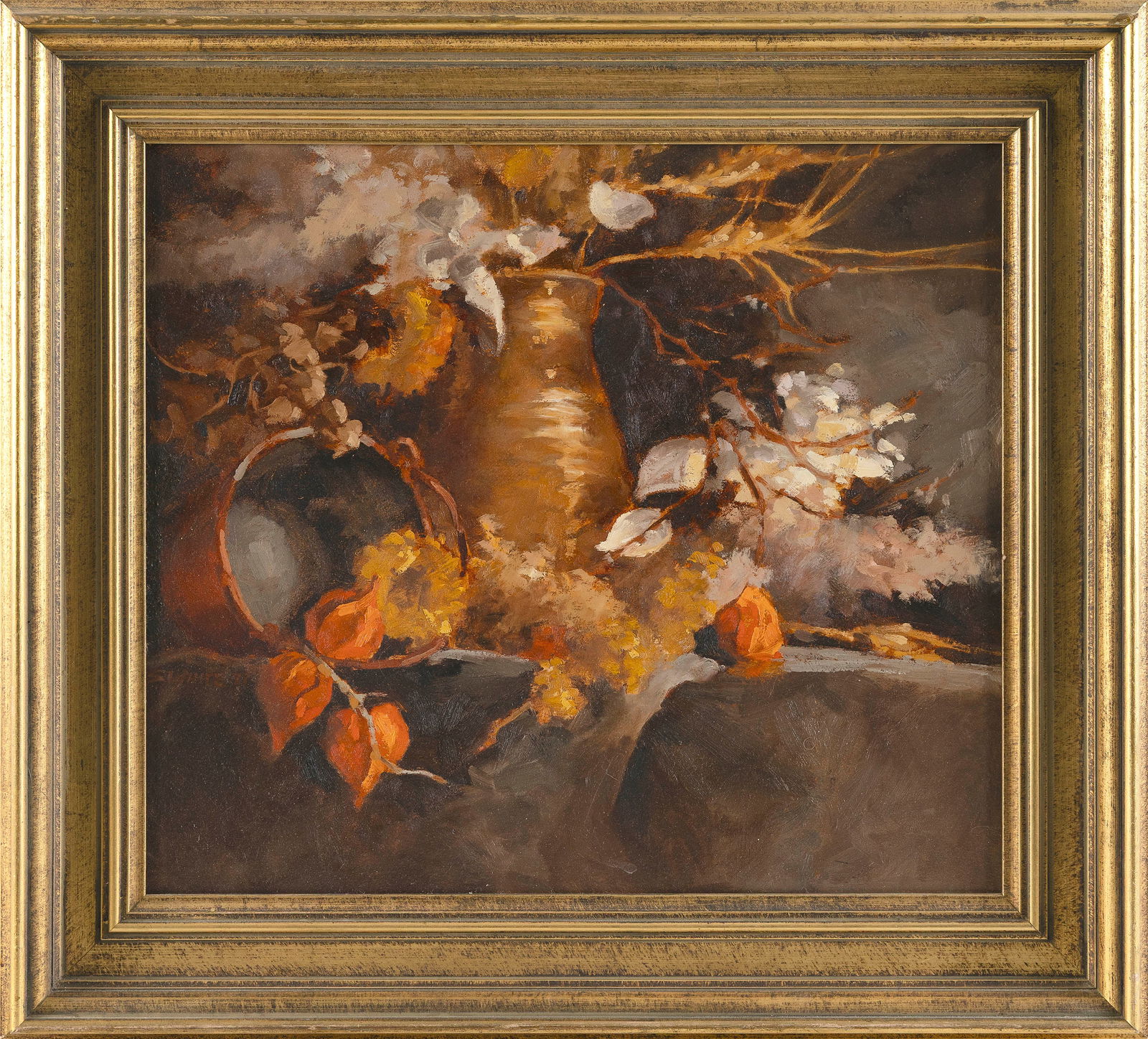 SUSANNE WHITE (Massachusetts/Maryland, Contemporary), Autumnal floral still life., Oil on board, 16": SUSANNE WHITE Massachusetts/Maryland Contemporary Autumnal floral still life. Signed verso. Oil on board, 16" x 18". Framed 21.5" x 23.5".