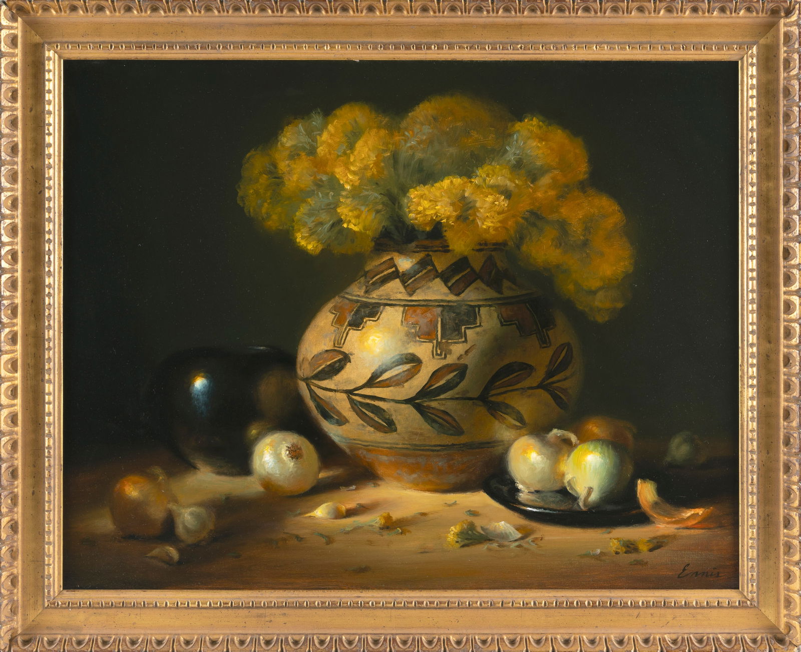 CARY ENNIS (New Mexico, 1951-), Tabletop still life with marigolds and Navajo pottery., Oil on: CARY ENNIS New Mexico 1951- Tabletop still life with marigolds and Navajo pottery. Signed lower right "Ennis". Oil on canvas, 22" x 28". Framed 27" x 32.5".