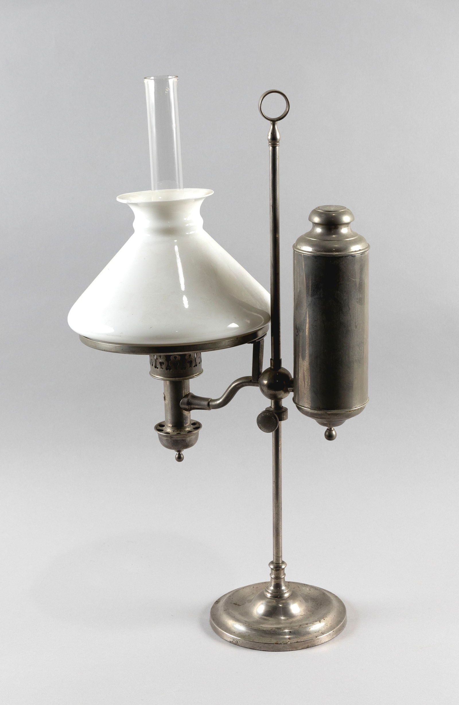 C.A. KLEEMAN KAISER NICKEL STUDENT LAMP Late 19th Century Height including chimney 22". Shade (1 of 3)