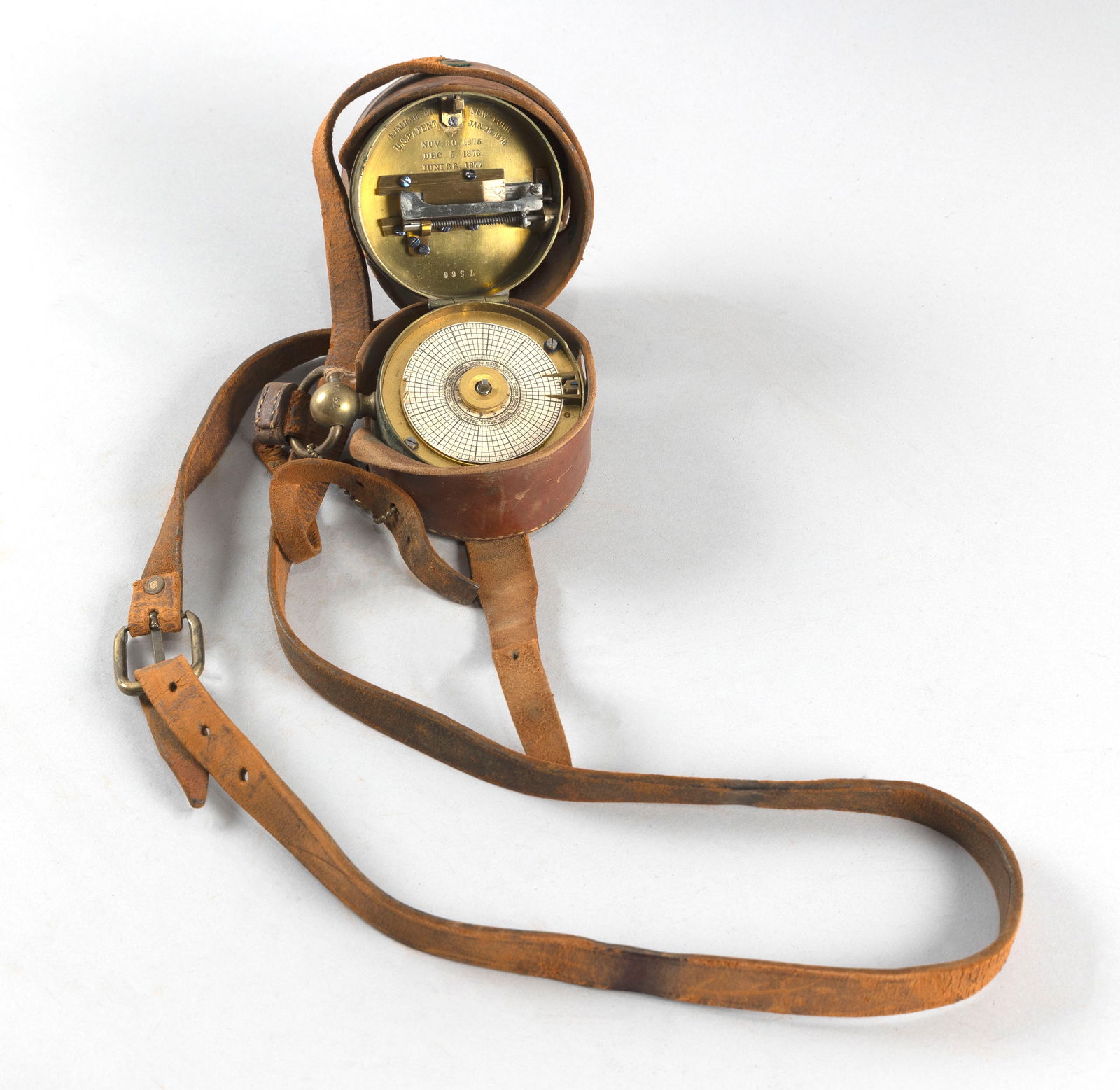 E. IMHAUSER WATCHMAN'S CLOCK WITH LEATHER CASE New York, Late 19th Centuty Clock diameter 3.5". Case (1 of 4)