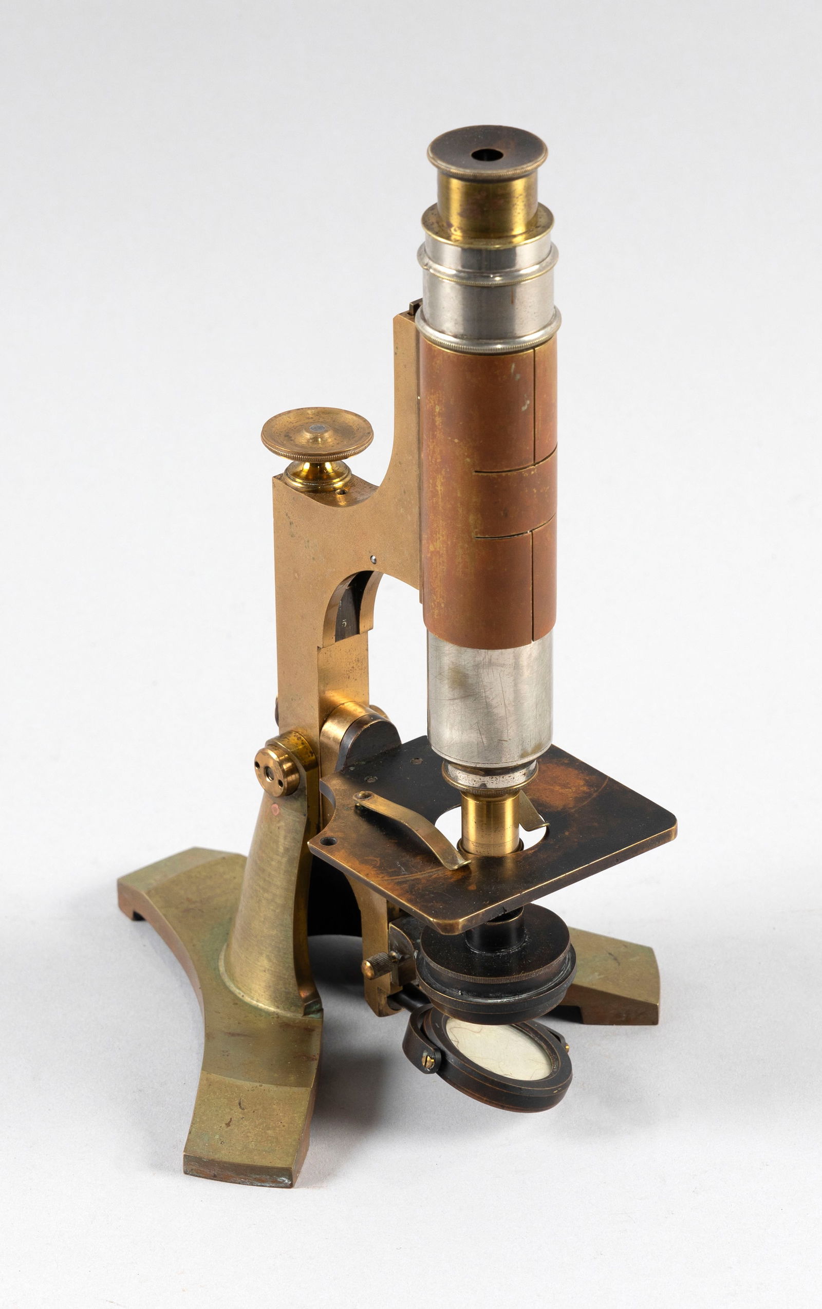 CASED J. ZENTMAYER BRASS MONOCULAR MICROSCOPE Philadelphia, Late 19th Century Case height 11.5". (1 of 4)