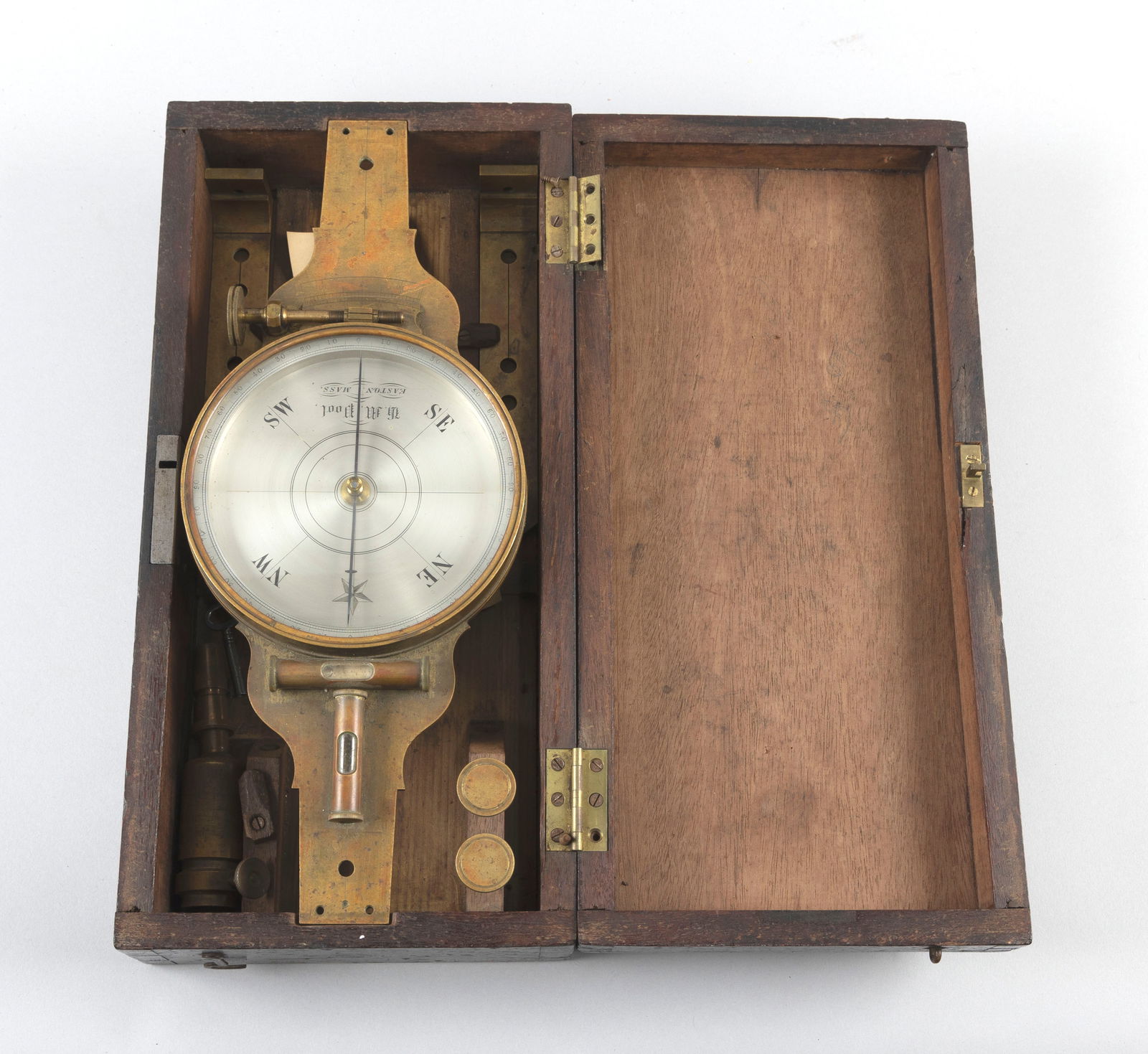 CASED H.M. POOL BRASS SURVEYOR'S COMPASS Easton, Massachusetts, Mid-19th Century Case height 4.5". (1 of 2)