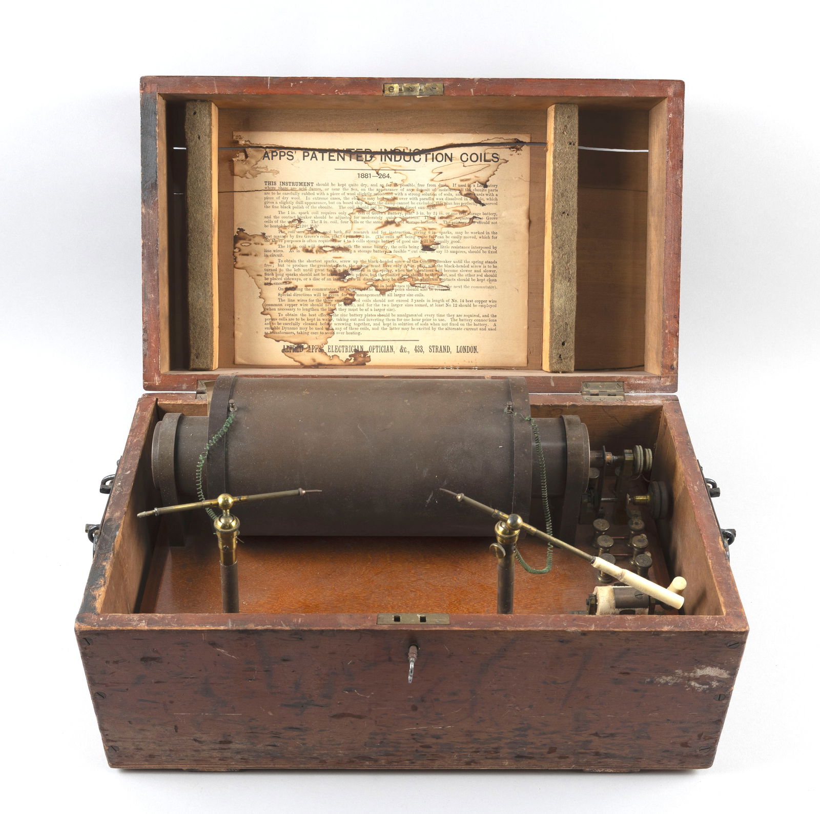 CASED ALFRED APPS INDUCTION COIL London, Late 19th Century Case height 10". Width 19". Depth 11". (1 of 3)