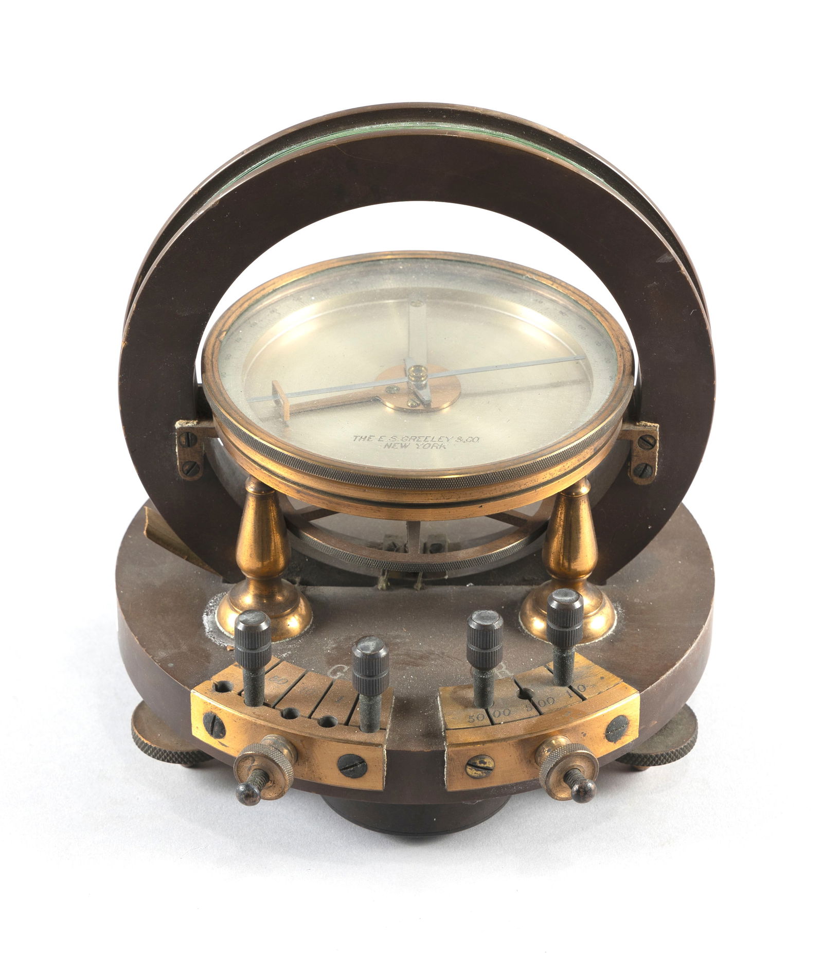 E.S. GREELEY & CO. TANGENT GALVANOMETER New York, Late 19th Century Height 8.25". Diameter approx.: E.S. GREELEY & CO. TANGENT GALVANOMETERNew York, Late 19th CenturySilvered dial with maker's mark.Height 8.25". Diameter approx. 7.5".