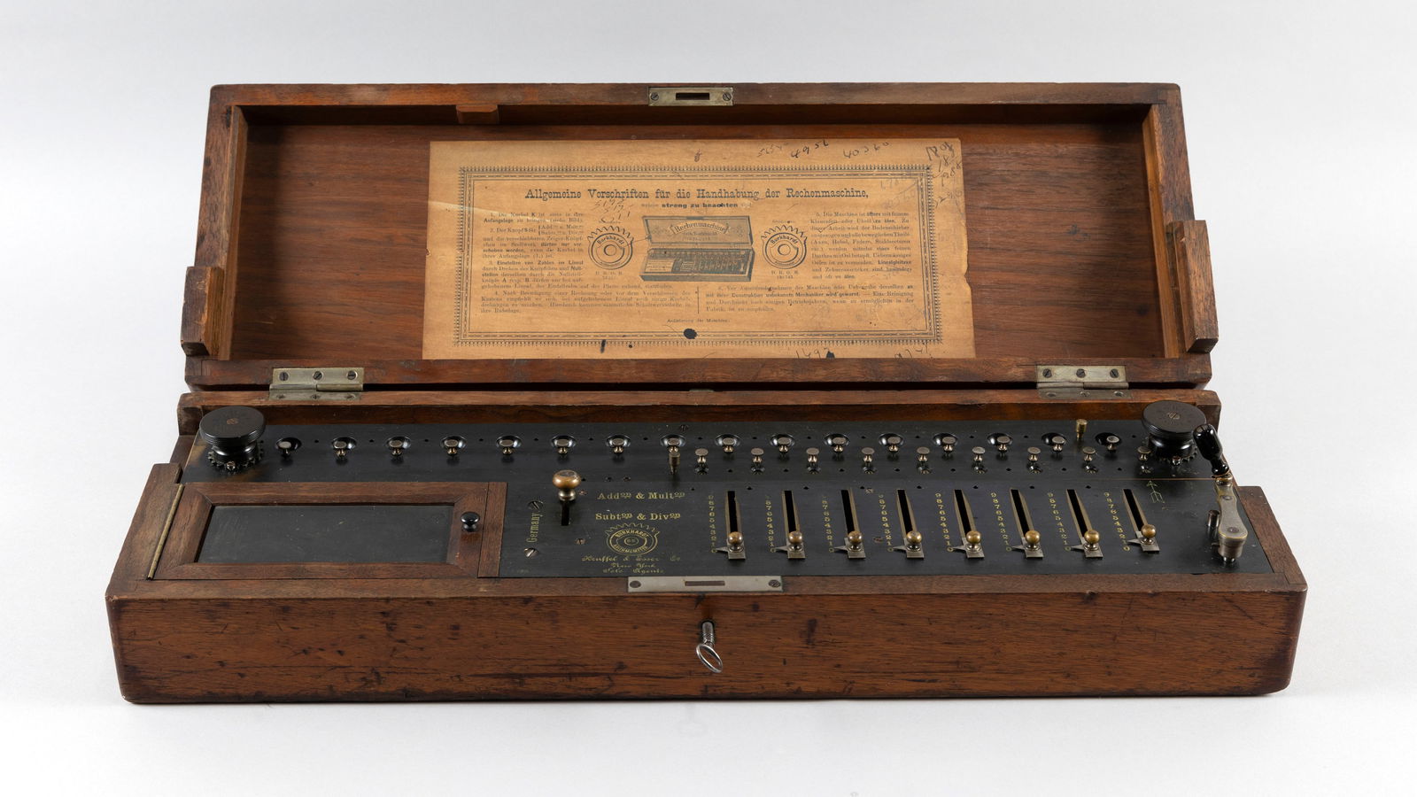 CASED BURKHARDT ARITHMOMETER Germany, Circa 1900 Case height 4". Width 23.25". Depth 8.25". (1 of 5)