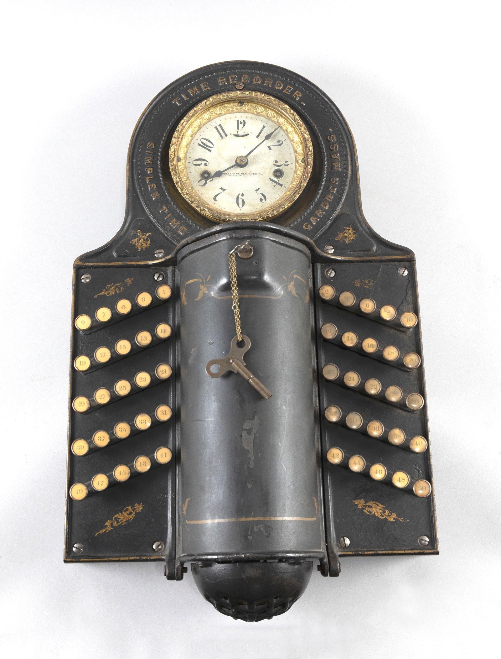 SIMPLEX TIME RECORDER CO. WORKMAN'S "TIME RECORDER" CLOCK Gardner, Massachusetts, Late 19th Century (1 of 2)
