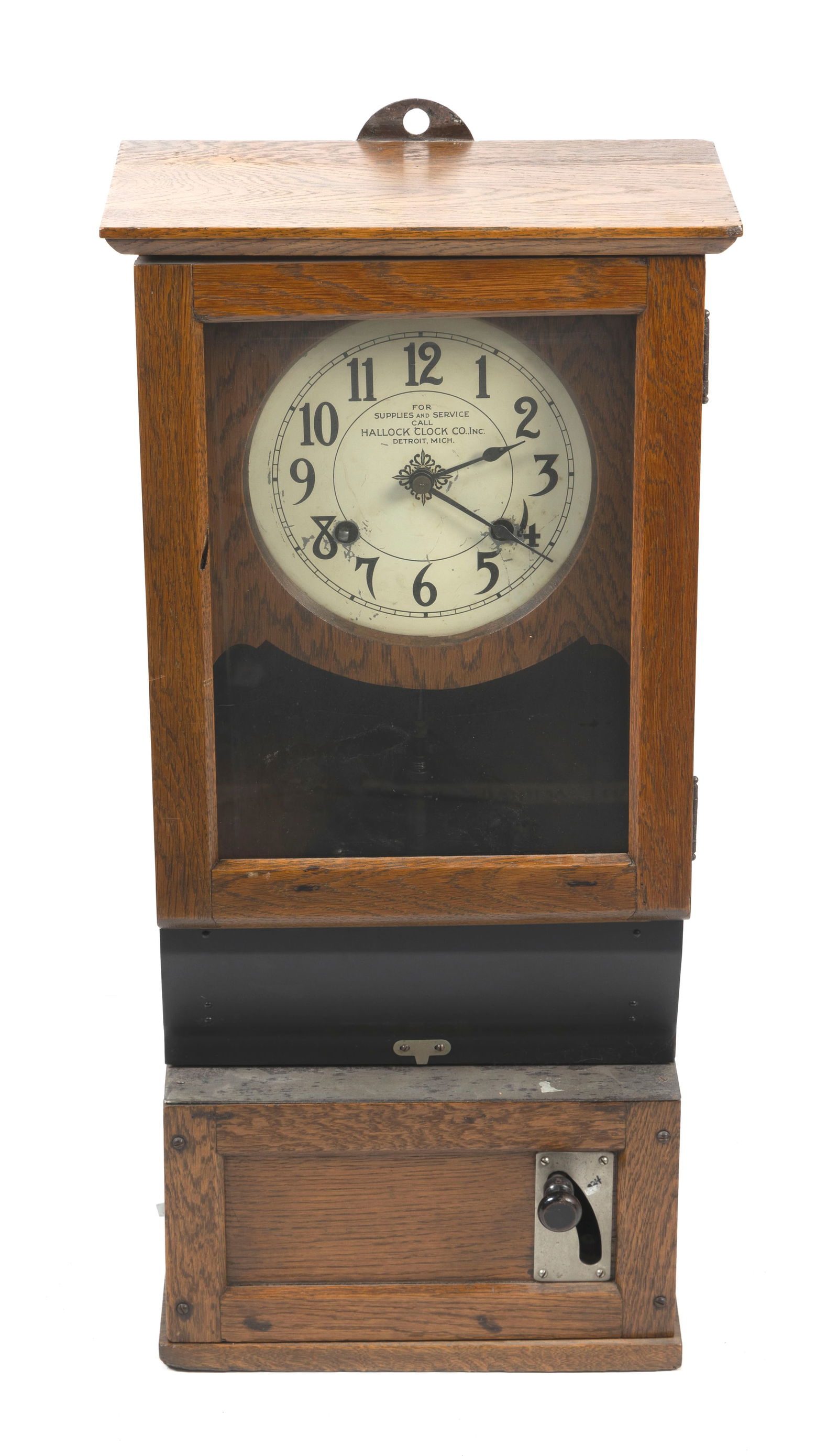 CINCINNATI TIME RECORDER CO. TIME CLOCK Ohio, Late 19th Century Height 30". Width 14.25". Depth (1 of 2)
