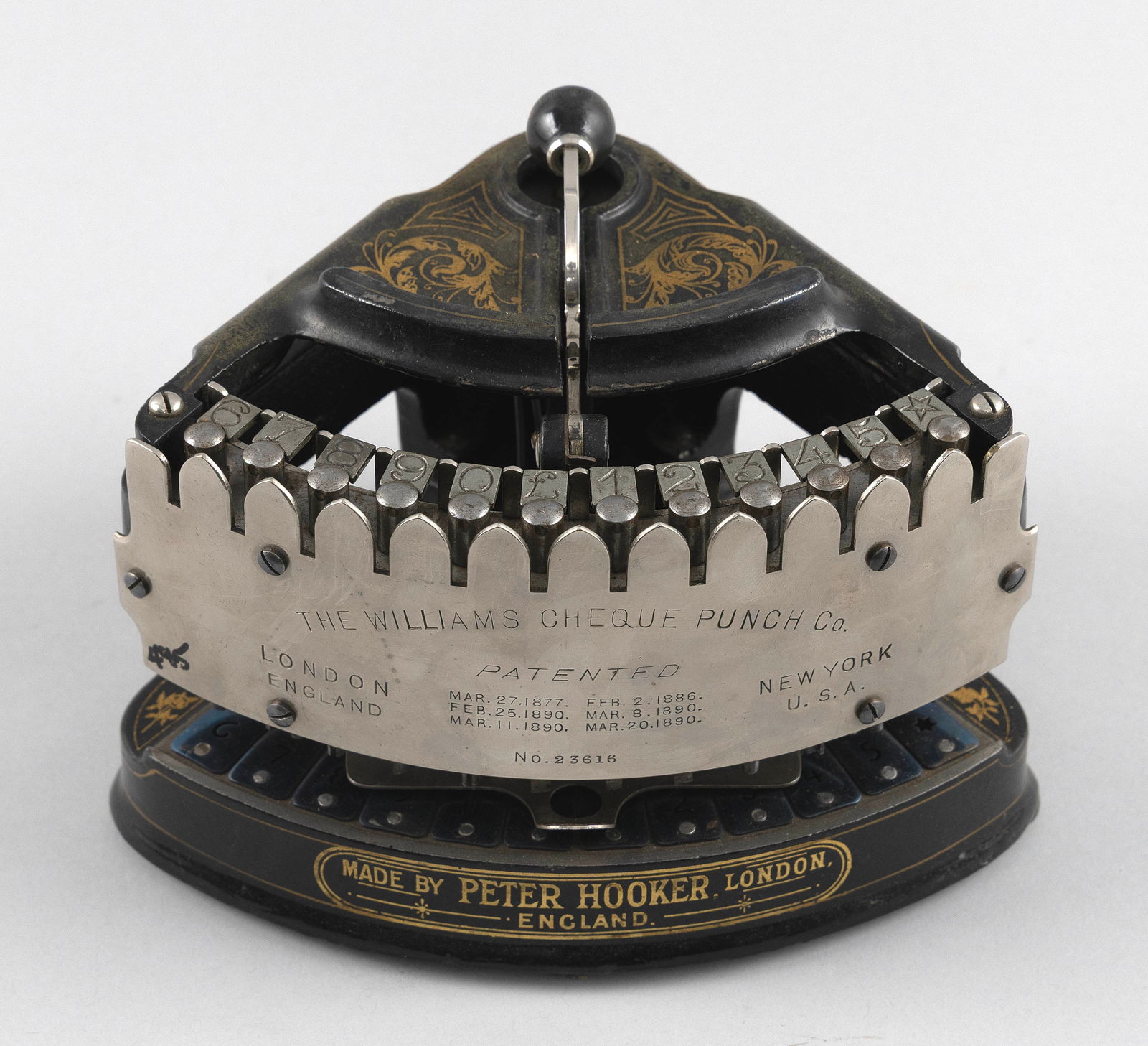 WILLIAMS CHEQUE PUNCH CO. CHECK WRITER London and New York, Late 19th Century Case height 5.5". (1 of 4)