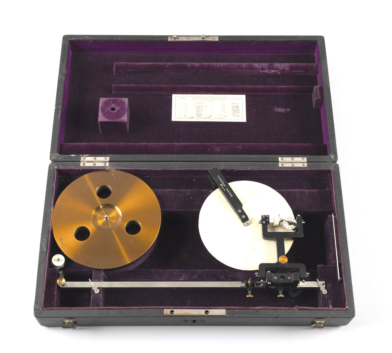 G. CORADI PRECISION DISC POLAR PLANIMETER Zurich, Early 20th Century Case height 3.5". Width 16.25".: G. CORADI PRECISION DISC POLAR PLANIMETERZurich, Early 20th CenturySerial #4173, marked on arm along with maker's mark. Original velvet-lined case.Case height 3.5". Width 16.25". Depth 9". Notes:Go