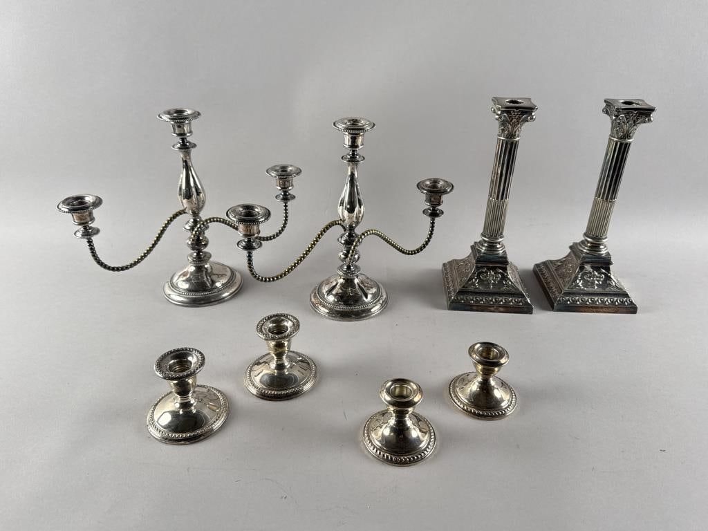 EIGHT ASSORTED SILVER AND SILVER PLATED CANDLESTICKS 19th/20th Century (1 of 9)