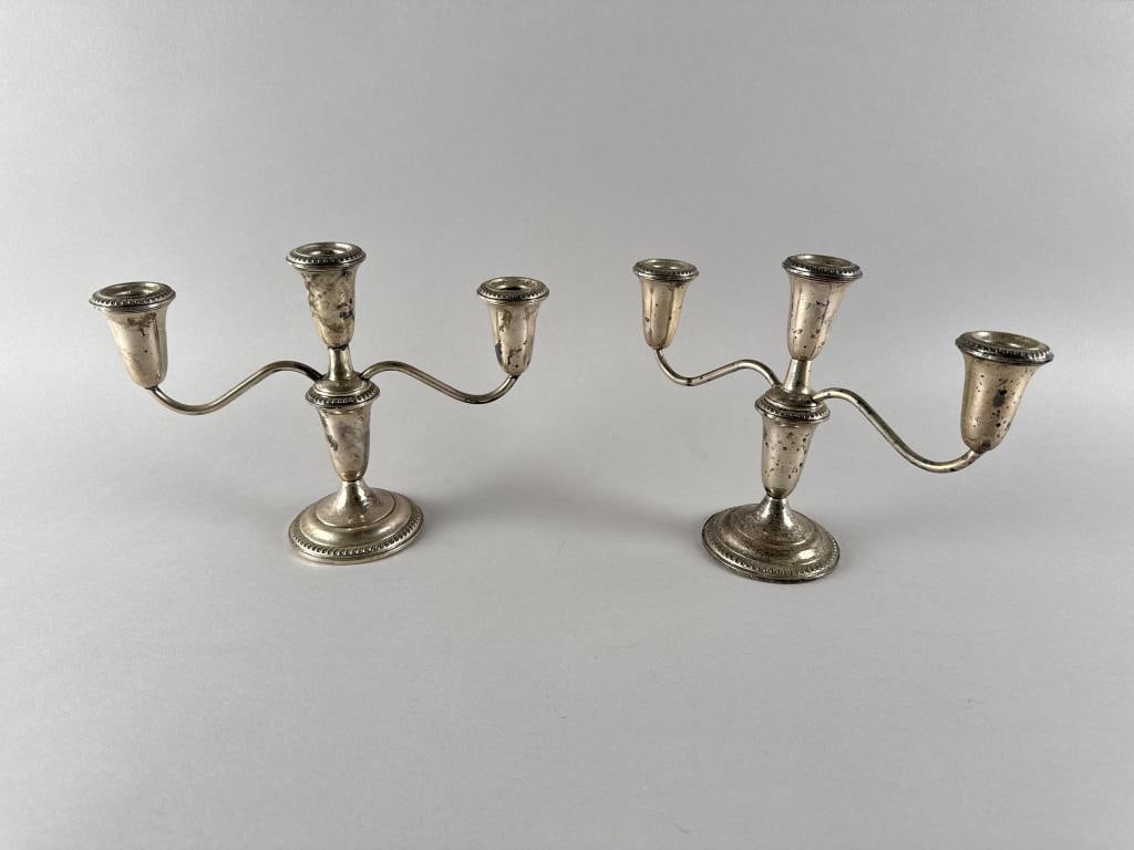 PAIR OF EMPIRE SILVER CO. WEIGHTED STERLING SILVER TRIPLE CANDLESTICKS Mid-20th Century Heights (1 of 3)