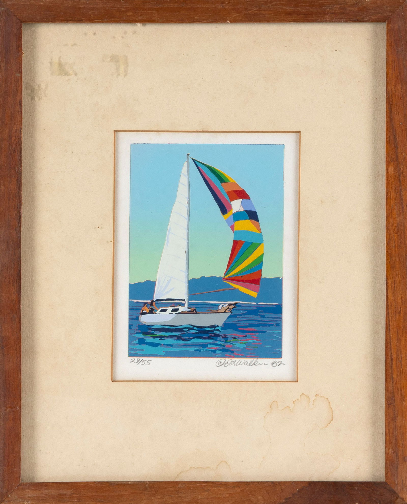 VIEW OF A SAILBOAT Circa 1992 Lithograph, 5.25" x 4" sight. Framed 10.5" x 8.75". (1 of 2)