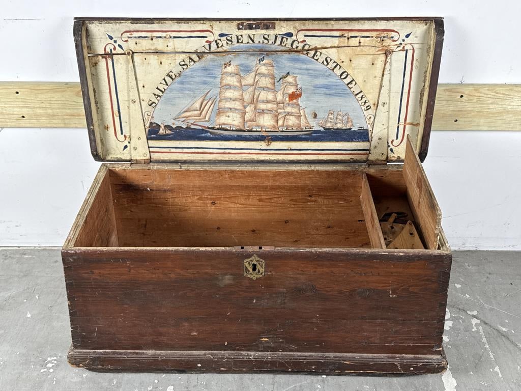 PINE SEA CHEST WITH WONDERFUL PAINTED DECORATION Early 19th Century Height 16". Width 39". Depth (1 of 4)