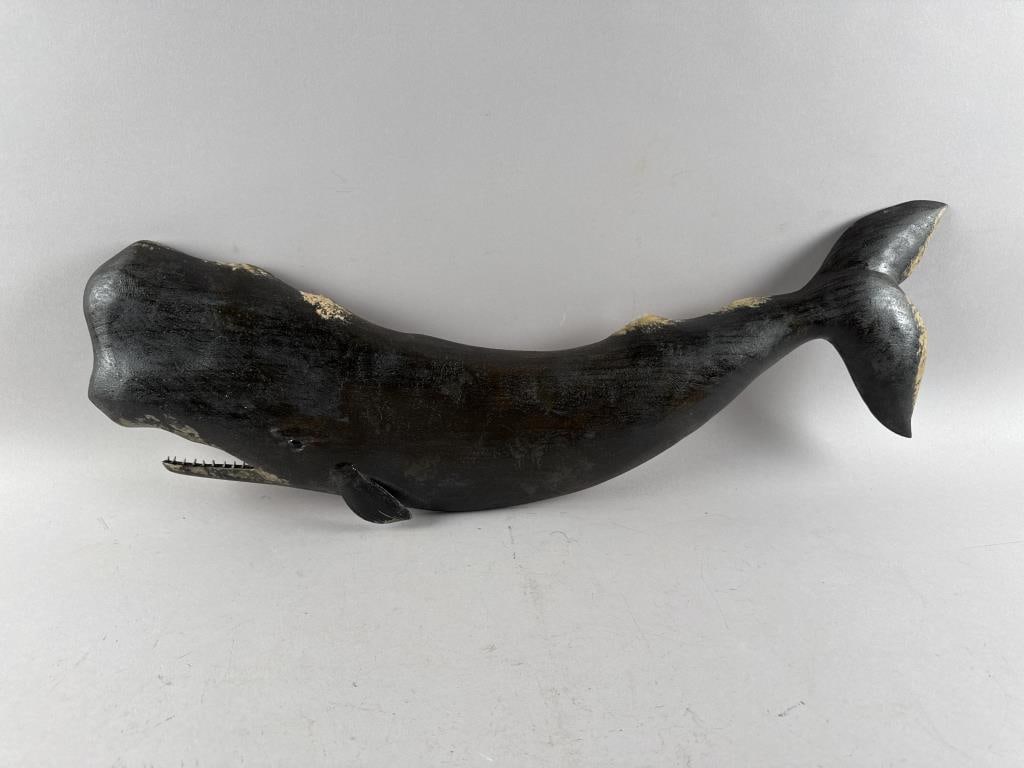 ROGER MITCHELL CARVED WOODEN SPERM WHALE PLAQUE Massachusetts, Contemporary Height 10". Length 24". (1 of 2)