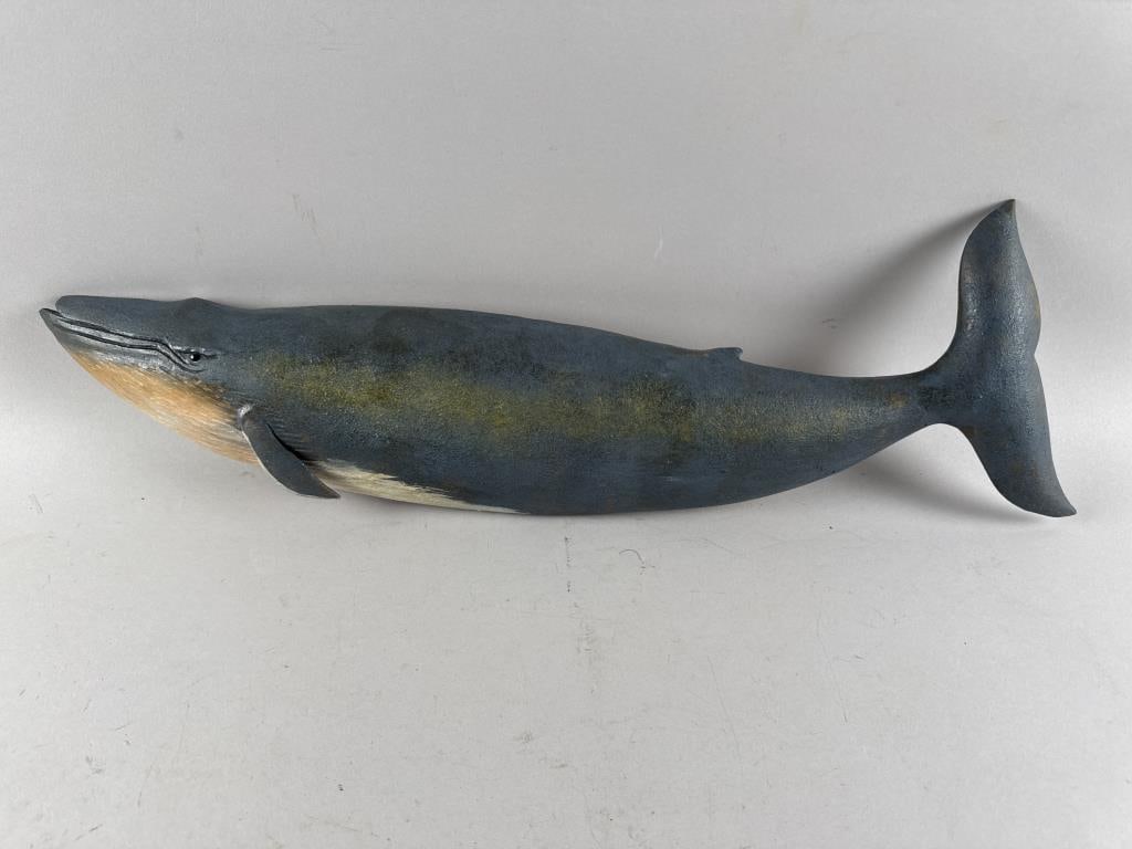 ROGER MITCHELL CARVED WOODEN BLUE WHALE PLAQUE Massachusetts, Contemporary Height 9". Length 25". (1 of 2)