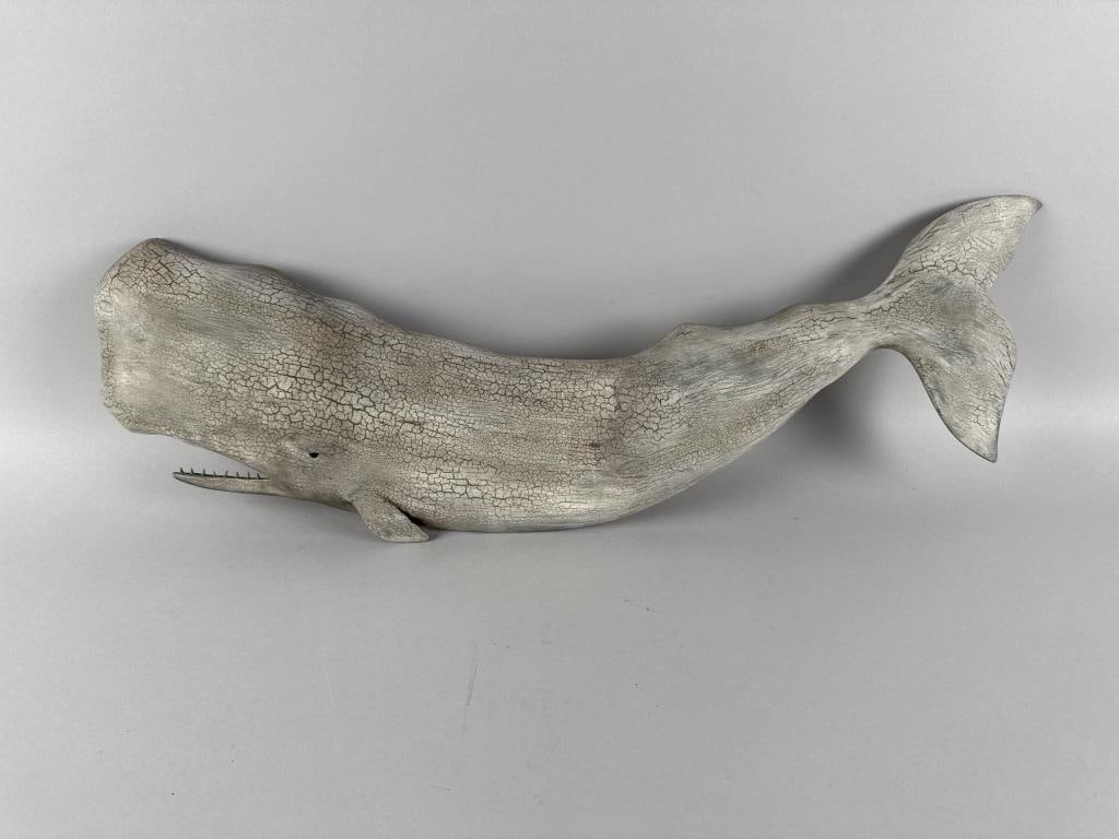 ROGER MITCHELL CARVED WOODEN SPERM WHALE PLAQUE Massachusetts, Contemporary Length 27".: ROGER MITCHELL CARVED WOODEN SPERM WHALE PLAQUEMassachusetts, ContemporarySigned on back "R C Mitchell".Length 27".