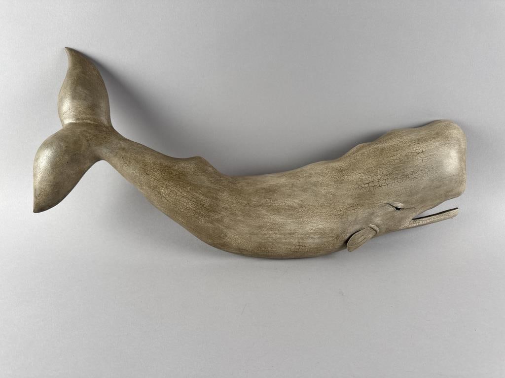 BRIAN MITCHELL CARVED WOODEN SPERM WHALE PLAQUE Contemporary Height 10". Length 24". (1 of 2)