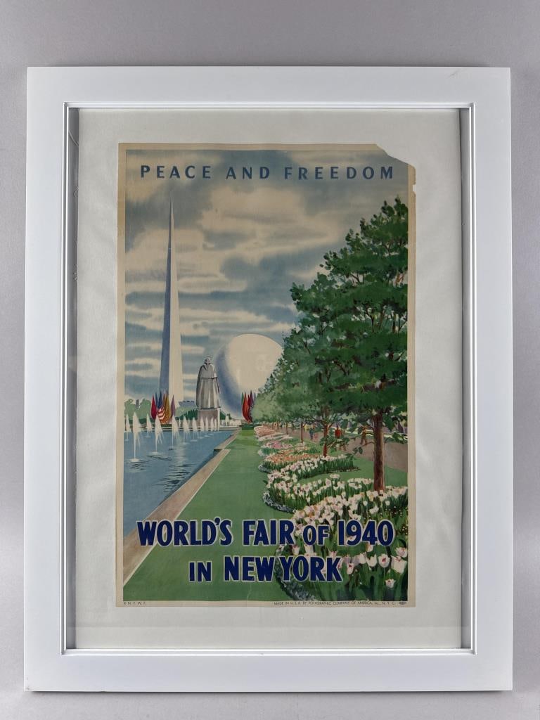1940 NEW YORK WORLD'S FAIR POSTER "PEACE AND FREEDOM" Lithograph on paper, 20.5" x 13". Framed 27.5": 1940 NEW YORK WORLD'S FAIR POSTER "PEACE AND FREEDOM"Published by The Polygraphic Company of America.Lithograph on paper, 20.5" x 13". Framed 27.5" x 21".