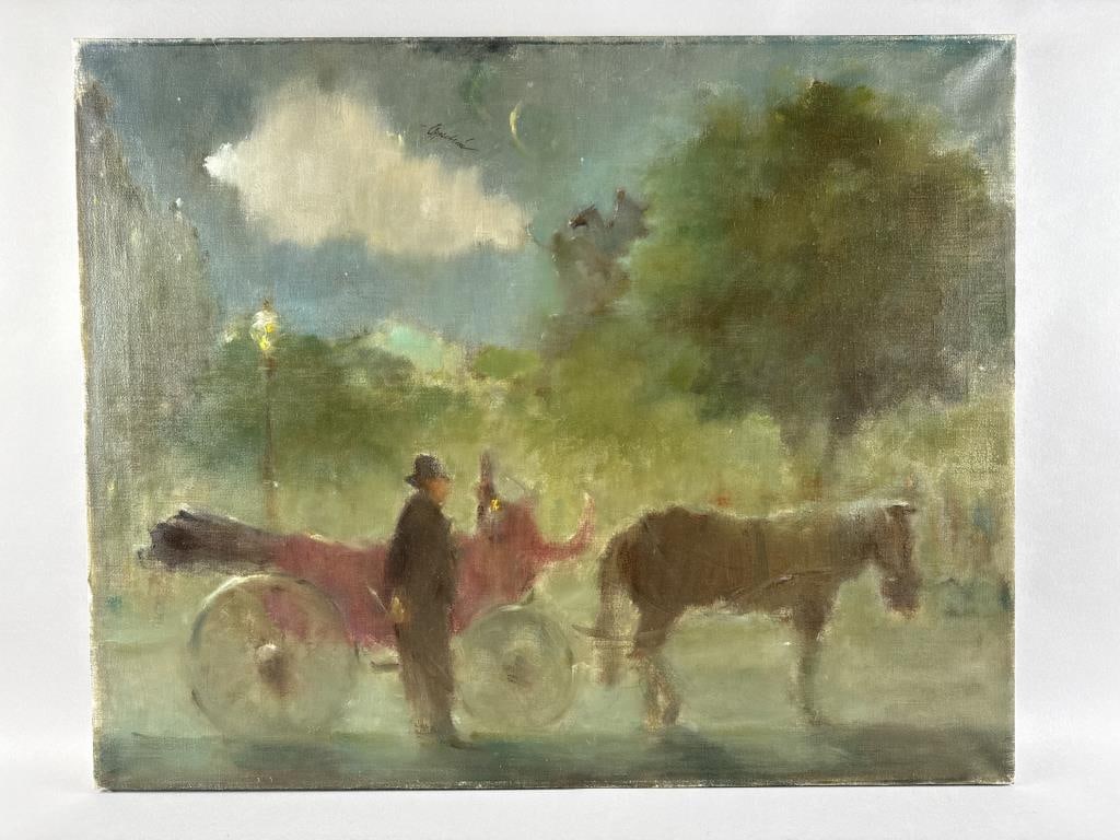 SAMUEL EDMUND OPPENHEIM (New York/Florida, 1901-1992), "Evening on the Plaza"., Oil on canvas, 24" x: SAMUEL EDMUND OPPENHEIMNew York/Florida, 1901-1992"Evening on the Plaza". Signed upper center "Oppenheim". Titled on label verso.Oil on canvas, 24" x 30". Unframed.