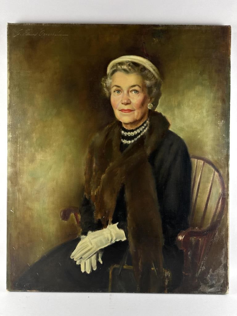 SAMUEL EDMUND OPPENHEIM (New York/Florida, 1901-1992), "Portrait of Mrs. R"., Oil on canvas, 36" x: SAMUEL EDMUND OPPENHEIMNew York/Florida, 1901-1992"Portrait of Mrs. R". Signed upper left "S. Edmund Oppenheim". Titled on Miller Gallery label verso.Oil on canvas, 36" x 30". Unframed.