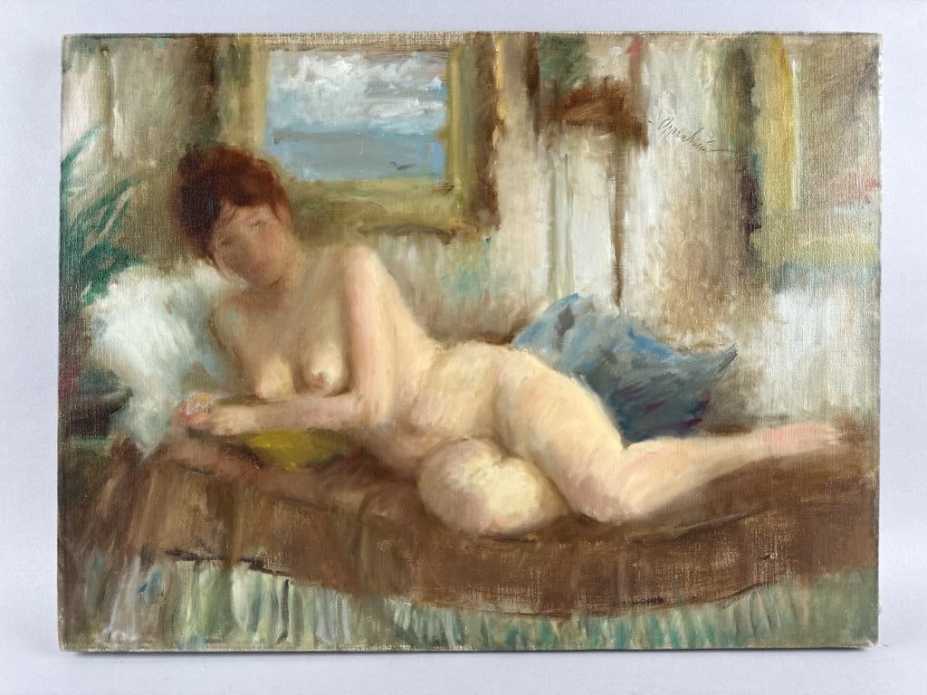 SAMUEL EDMUND OPPENHEIM (New York/Florida, 1901-1992), "Nude on Couch with Seascape"., Oil on: SAMUEL EDMUND OPPENHEIMNew York/Florida, 1901-1992"Nude on Couch with Seascape". Signed upper right "Oppenheim". Titled on Miller Gallery label verso.Oil on canvas, 18.5" x 24.5". Unframed.