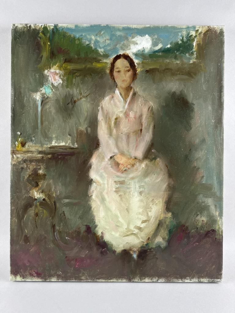 SAMUEL EDMUND OPPENHEIM (New York/Florida, 1901-1992), "Oriental Lady in Pink Kimono"., Oil on: SAMUEL EDMUND OPPENHEIMNew York/Florida, 1901-1992"Oriental Lady in Pink Kimono". Signed upper left "Oppenheim". Titled on Miller Gallery label verso.Oil on canvas, 24" x 20". Unframed.