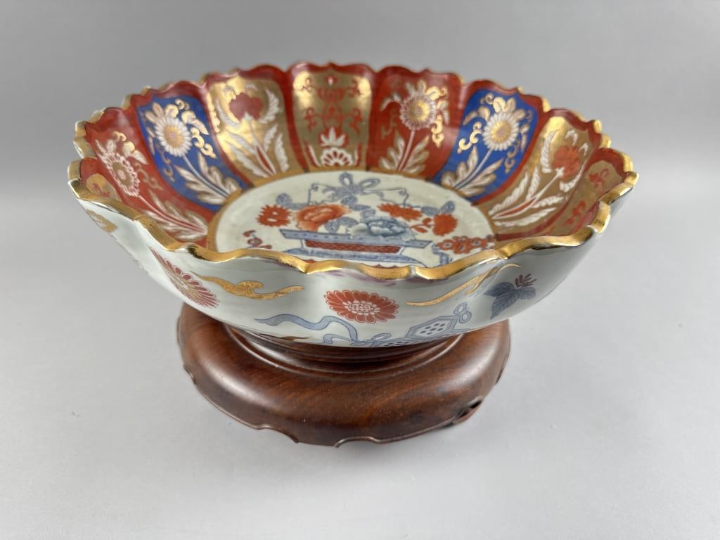 JAPANESE IMARI PORCELAIN LOTUS BOWL ON WOOD STAND 19th Century Height on stand approx. 8.75". (1 of 4)