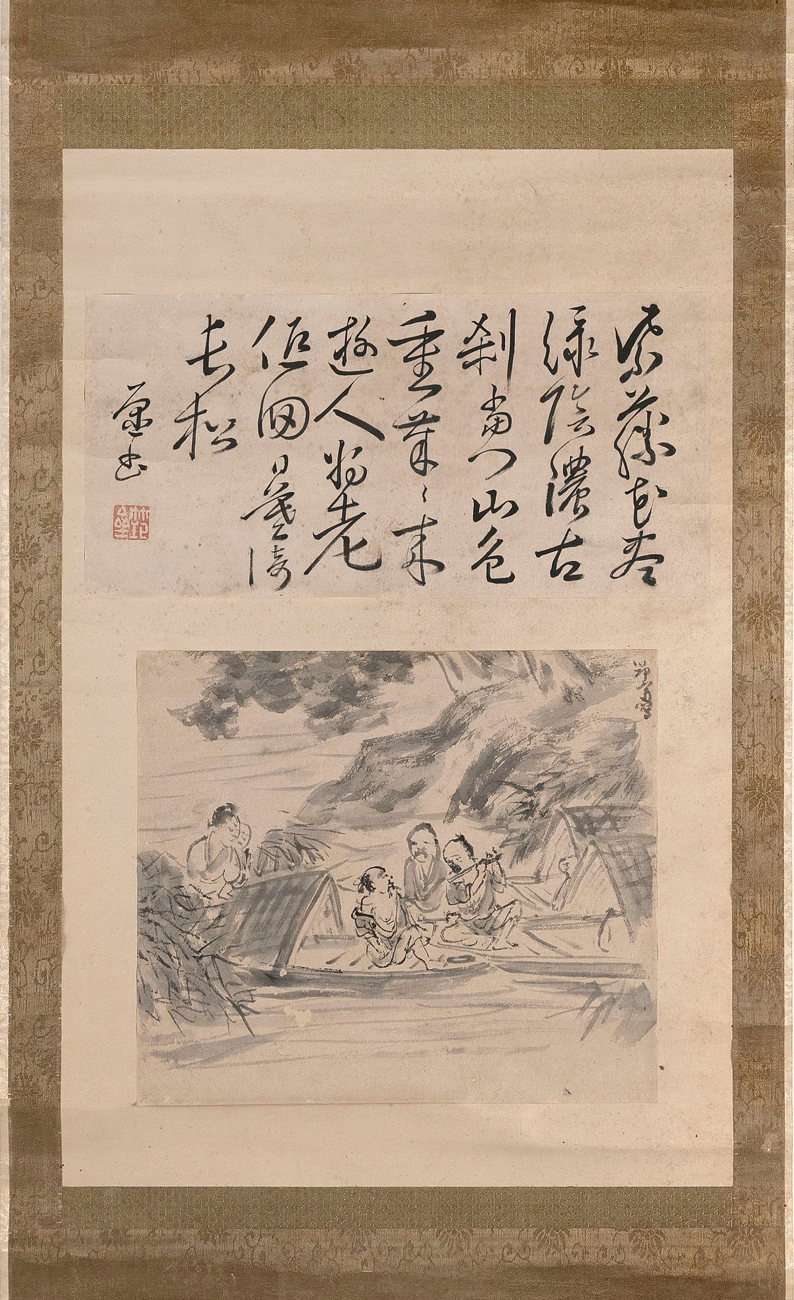 JAPANESE SCROLL WITH TWO PAINTINGS ON PAPER Edo Period 7.5" x 15.25" and 11" x 12.75". (1 of 1)
