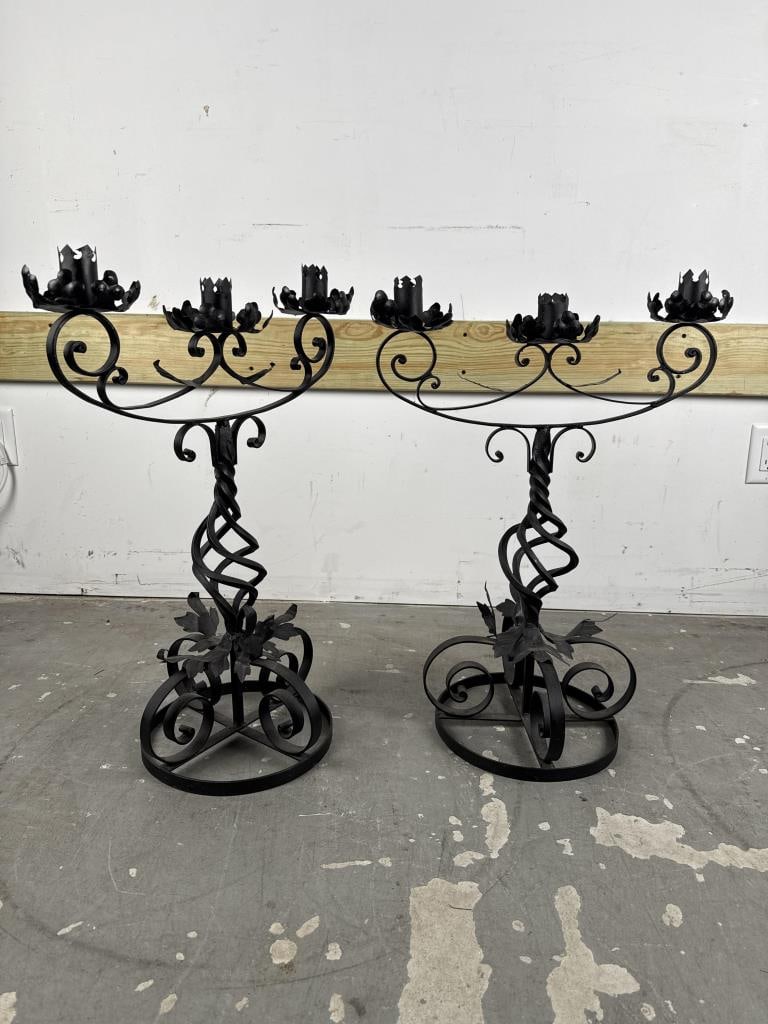 NEAR-PAIR OF WROUGHT IRON CANDELABRA 20th Century Heights 26.5". (1 of 2)