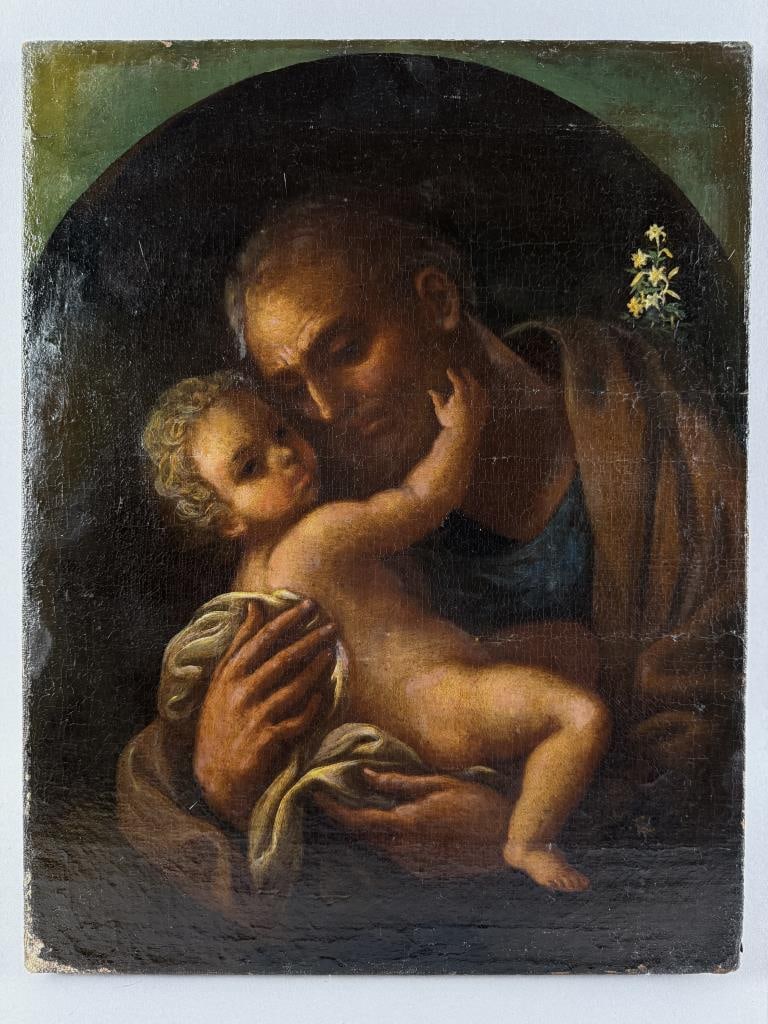 ITALIAN SCHOOL (18th/19th Century,), A saint holding the Christ child., Oil on canvas, 18" x 14".: ITALIAN SCHOOL18th/19th CenturyA saint holding the Christ child. Unsigned.Oil on canvas, 18" x 14". Unframed.