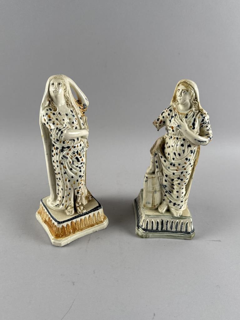 TWO STAFFORDSHIRE PRATTWARE FIGURES OF ALLEGORICAL WOMEN England, 19th Century Heights 8.5". (1 of 4)