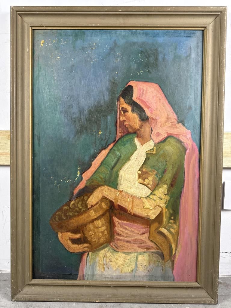 CONTINENTAL SCHOOL (Early 20th Century,), Portrait of a woman wearing a pink shawl and holding a: CONTINENTAL SCHOOLEarly 20th CenturyPortrait of a woman wearing a pink shawl and holding a basket. Unsigned.Oil on wood panel, 36" x 24". Framed 41" x 29".