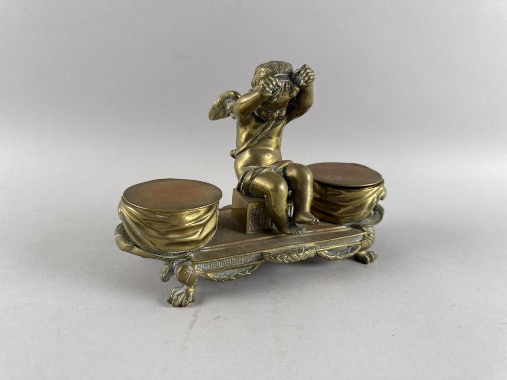 HEAVY BRASS DESK STANDISH Late 19th Century Height 5.5". Width 7.75". (1 of 4)