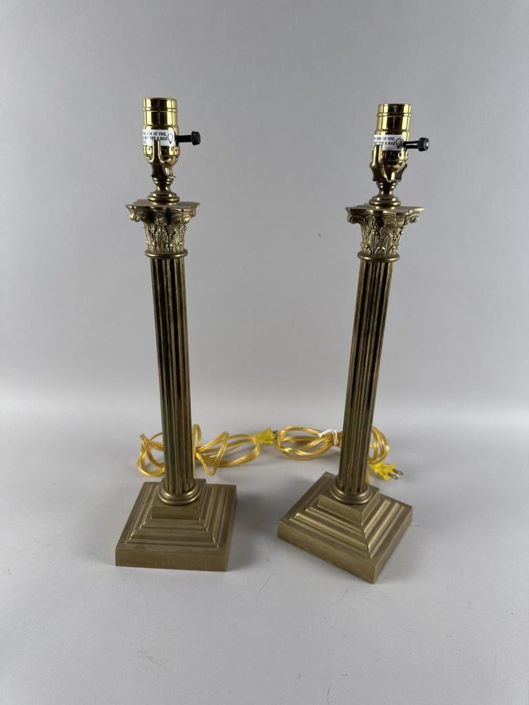 PAIR OF BRASS COLUMN-FORM TABLE LAMPS 20th Century Heights to top of columns 16". (1 of 2)