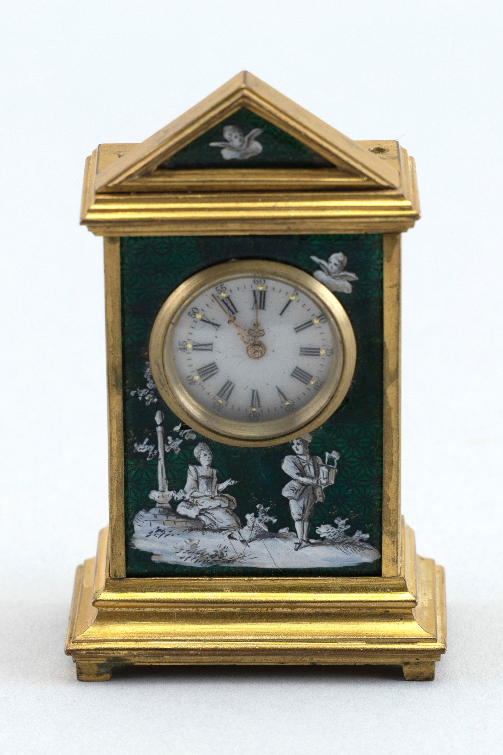 MINIATURE BRASS AND ENAMEL CLOCK Early 20th Century Height 3". (1 of 3)