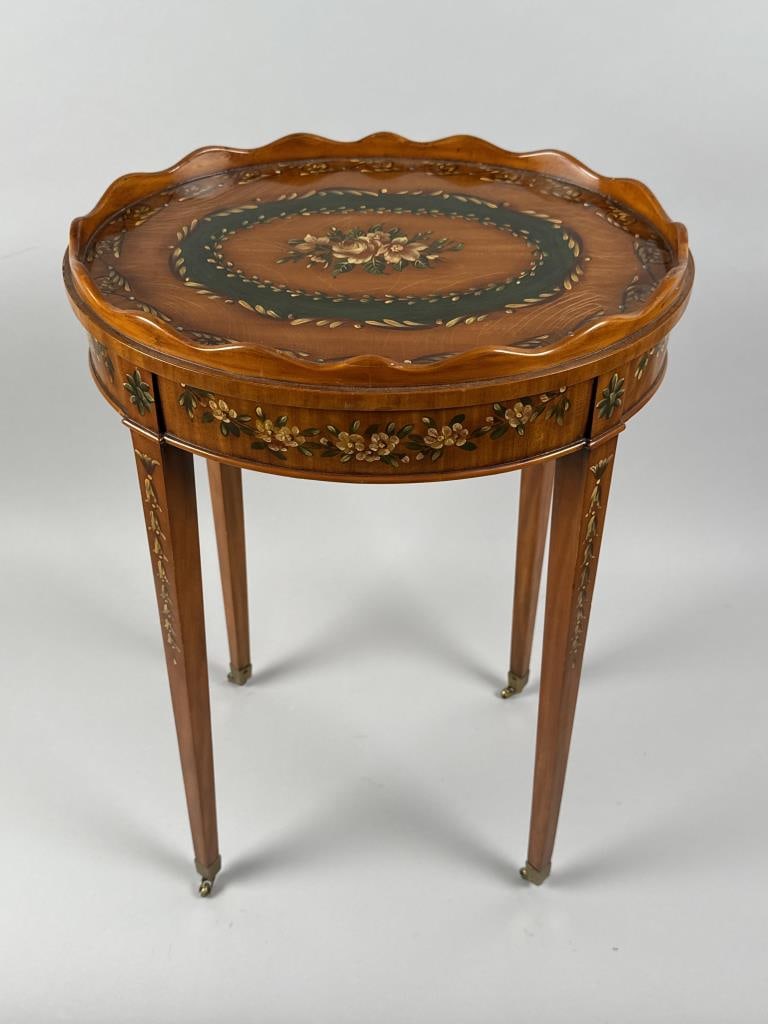 OVAL STAND WITH HAND-PAINTED DECORATION 20th Century Height 28". Top 13.5" x 17.5". (1 of 5)