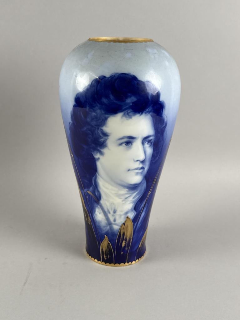 AUSTRIAN PORCELAIN VASE DEPICTING LORD BYRON 20th Century Height 12".: AUSTRIAN PORCELAIN VASE DEPICTING LORD BYRON20th CenturyMostly in shades of blue with gilt highlights.Height 12".