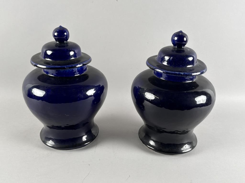PAIR OF COBALT BLUE GLAZE PORCELAIN COVERED JARS Early 20th Century Heights 12".: PAIR OF COBALT BLUE GLAZE PORCELAIN COVERED JARSEarly 20th CenturyHeights 12".