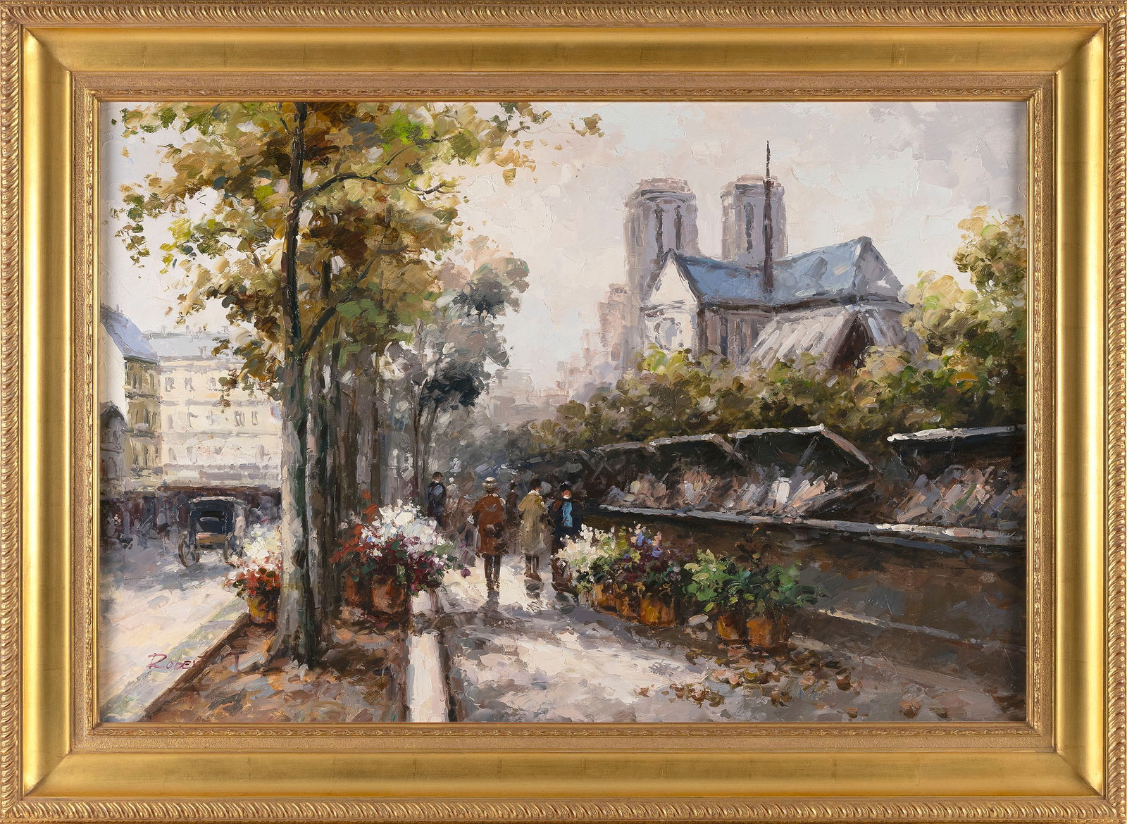 FRENCH SCHOOL (20th Century,), Paris street scene with Notre Dame in the distance, Oil on canvas,: FRENCH SCHOOL20th CenturyParis street scene with Notre Dame in the distance, in the style of Antoine Blanchard. Signed lower left "Robert T" (artist untraced).Oil on canvas, 24" x 36". Framed 31" x 43