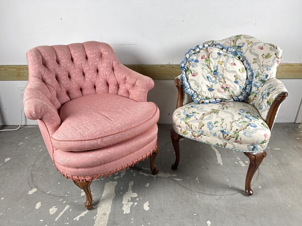 TWO UPHOLSTERED ARMCHAIRS 20th Century Back heights 33" and 35". (1 of 4)