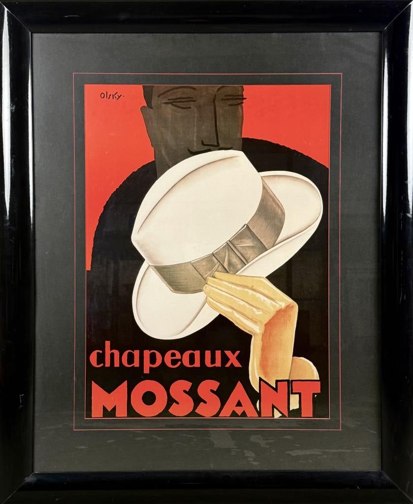 PRINTED COPY OF A "CHAPEAUX MOSSANT" POSTER 20th Century Framed 45.75" x 37.25".: PRINTED COPY OF A "CHAPEAUX MOSSANT" POSTER20th CenturyFramed 45.75" x 37.25".