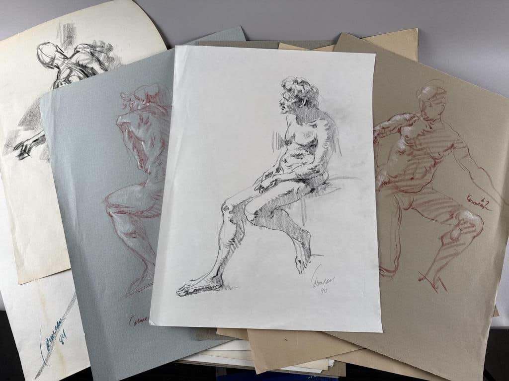 HARRY CARMEAN (California/Kansas, 1922-2022), Collection of 16 male figure studies., Sheets approx.: HARRY CARMEANCalifornia/Kansas, 1922-2022Collection of 16 male figure studies. Including works in charcoal, red chalk with white chalk heightening and a pastel. Each signed and dated between 1962-2000