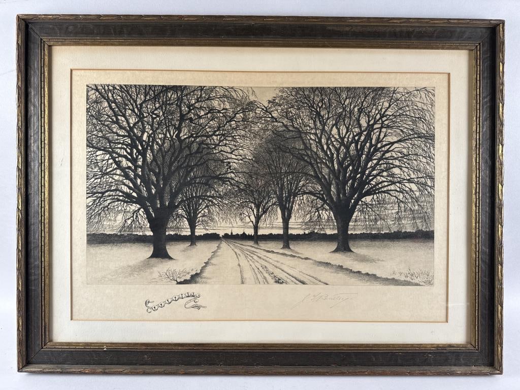 SNOWY LANDSCAPE SCENE 19th Century Engraving on paper, 17.25" x 26". Framed 24.5" x 33.5". (1 of 3)