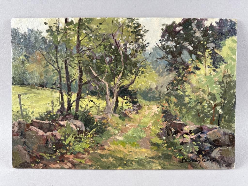BERNARD COREY (Massachusetts, 1914-2000), Rural path., Oil on masonite, 8.25" x 12". Unframed.: BERNARD COREYMassachusetts, 1914-2000Rural path. Signed lower right "Bernard Corey".Oil on masonite, 8.25" x 12". Unframed.