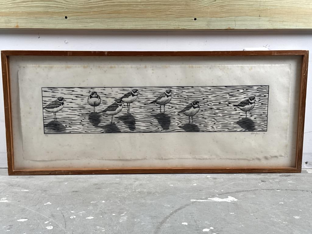 JONATHAN ALDERFER (Maine, Contemporary), Shorebirds., Woodblock on paper, sheet 12" x 34". Framed (1 of 2)