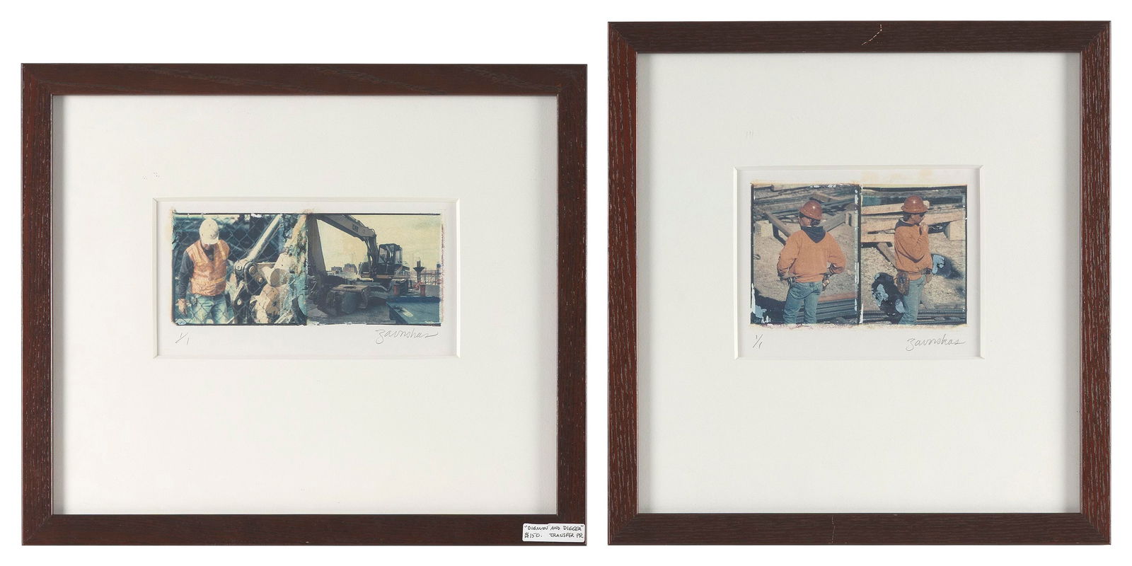 JOYCE ZAVORSKAS (Massachusetts, Contemporary), Two variations of "Workmen at The Big Dig"., Polaroid: JOYCE ZAVORSKASMassachusetts, ContemporaryTwo variations of "Workmen at The Big Dig". Both signed and numbered 1/1 in pencil lower margin.Polaroid transfer prints, 4.5" x 8.5" sight and 5.5" x 7" sigh