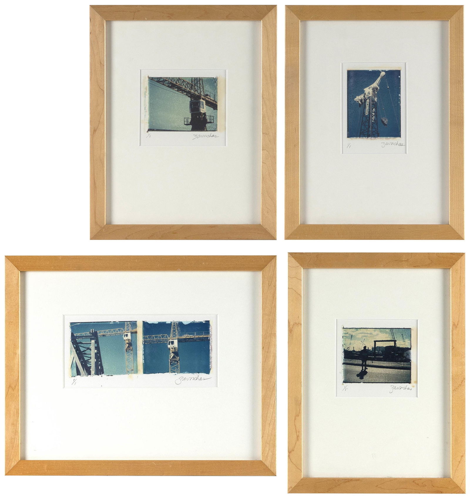 JOYCE ZAVORSKAS (Massachusetts, Contemporary), Four views of the Big Dig:, Polaroid transfer prints,: JOYCE ZAVORSKASMassachusetts, ContemporaryFour views of the Big Dig: "Tower Crane", "Double Tower Crane", "Policeman" and "Crane". Each signed and numbered 1/1 in pencil lower margin.Polaroid transfer