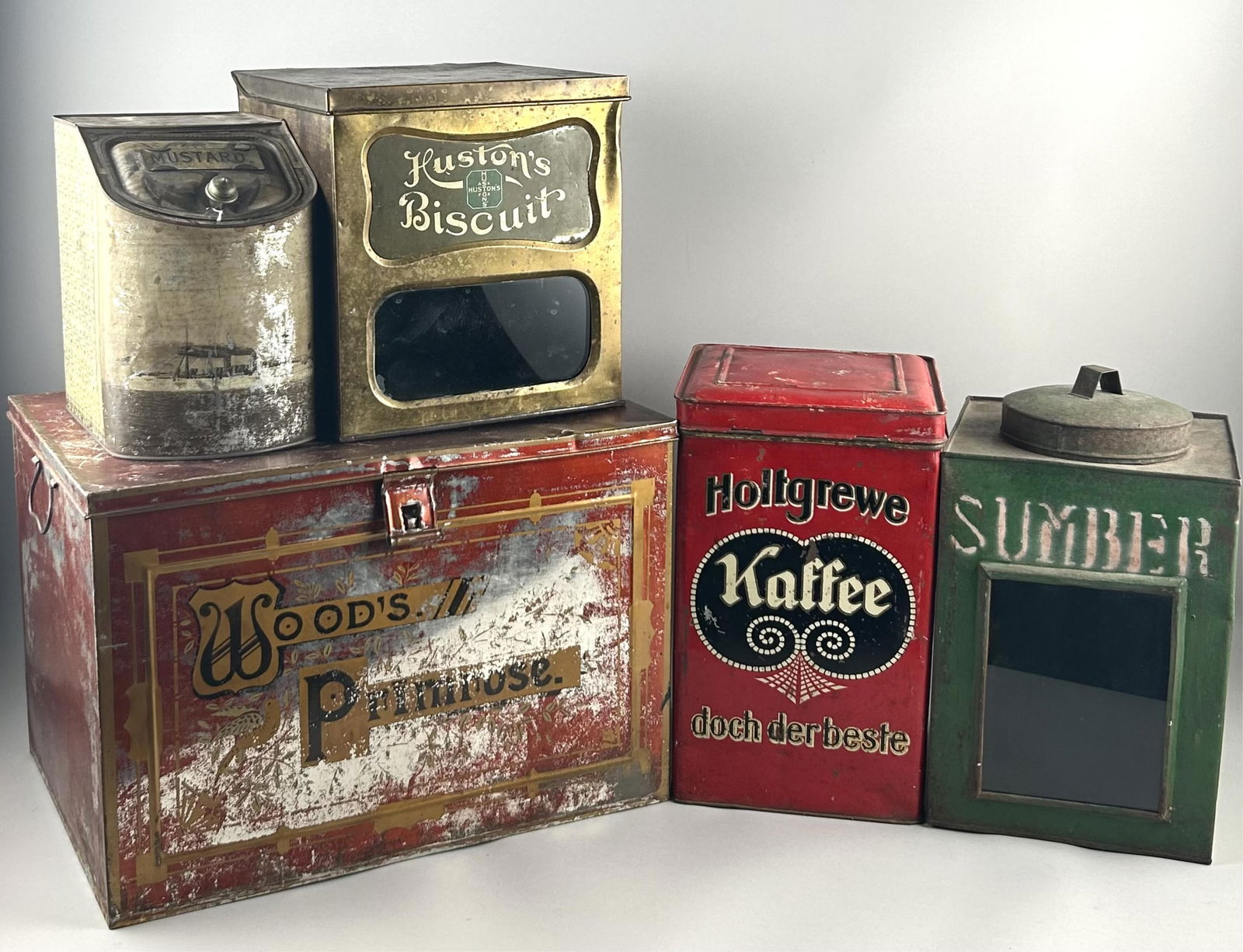 FIVE ADVERTISING TINS Late 19th/20th Century Heights from 10" to 13.5". (1 of 7)