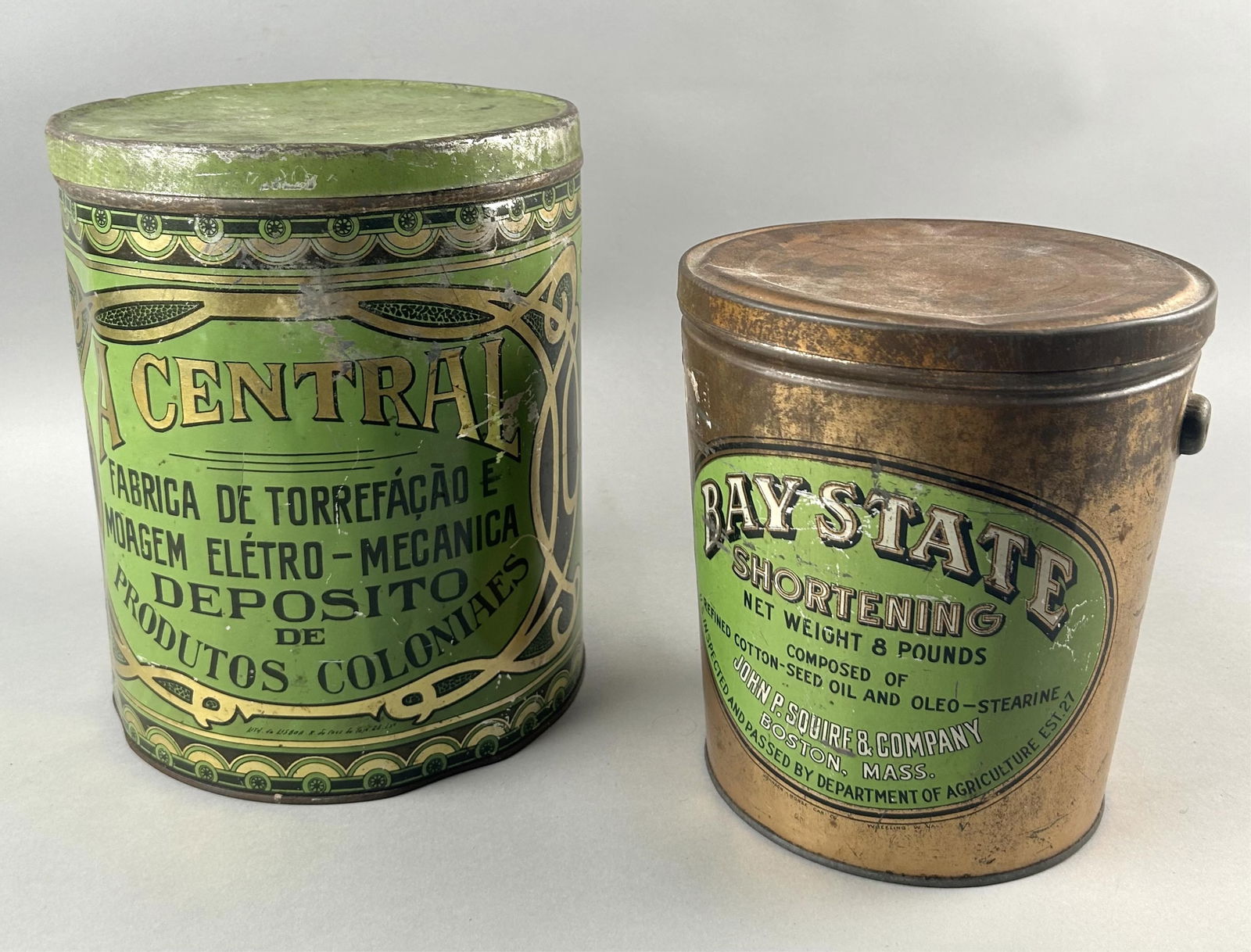 TWO ADVERTISING TINS Early 20th Century Heights 8.5" and 10.25". (1 of 3)